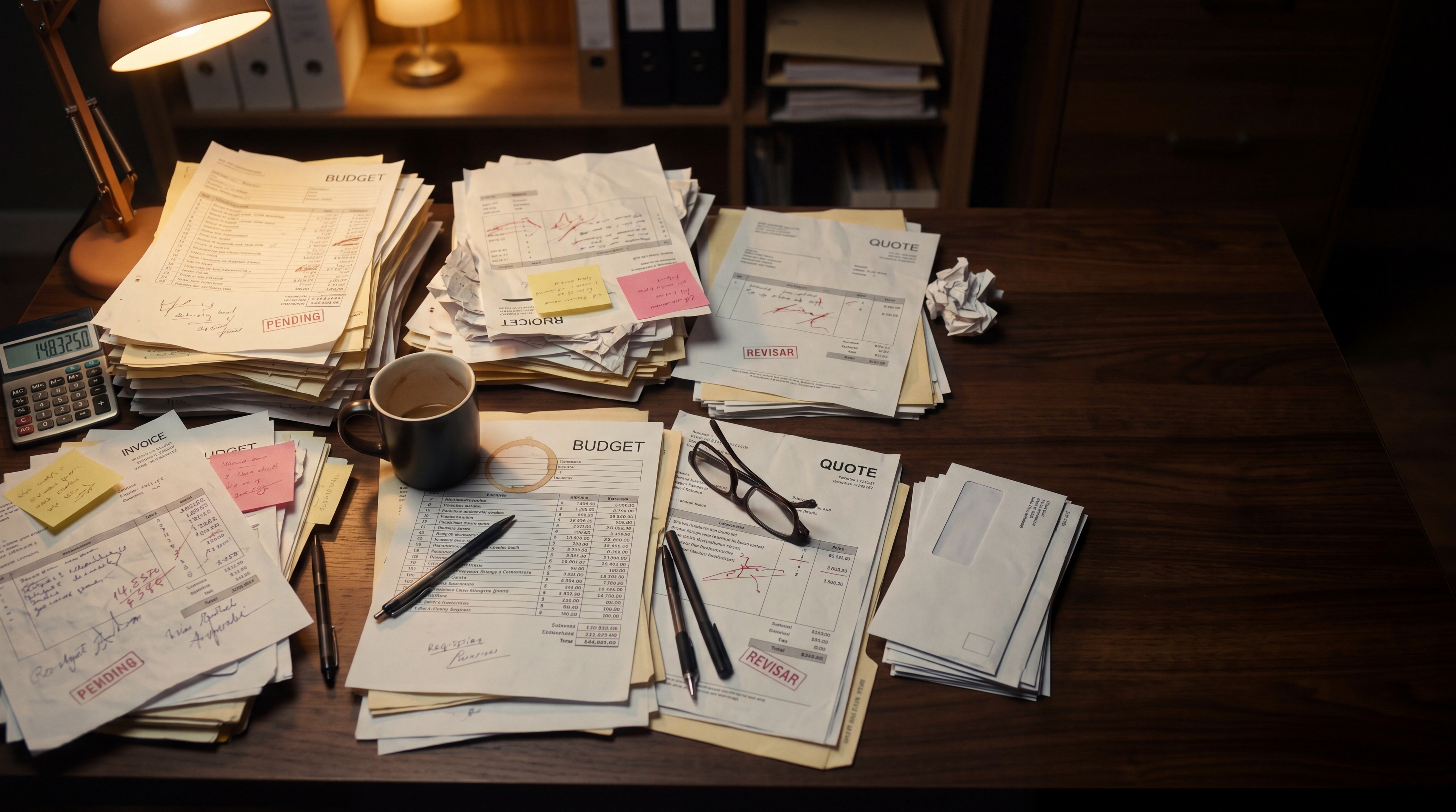 Escritorio cargado de presupuestos en papel — el caos del trabajo manual